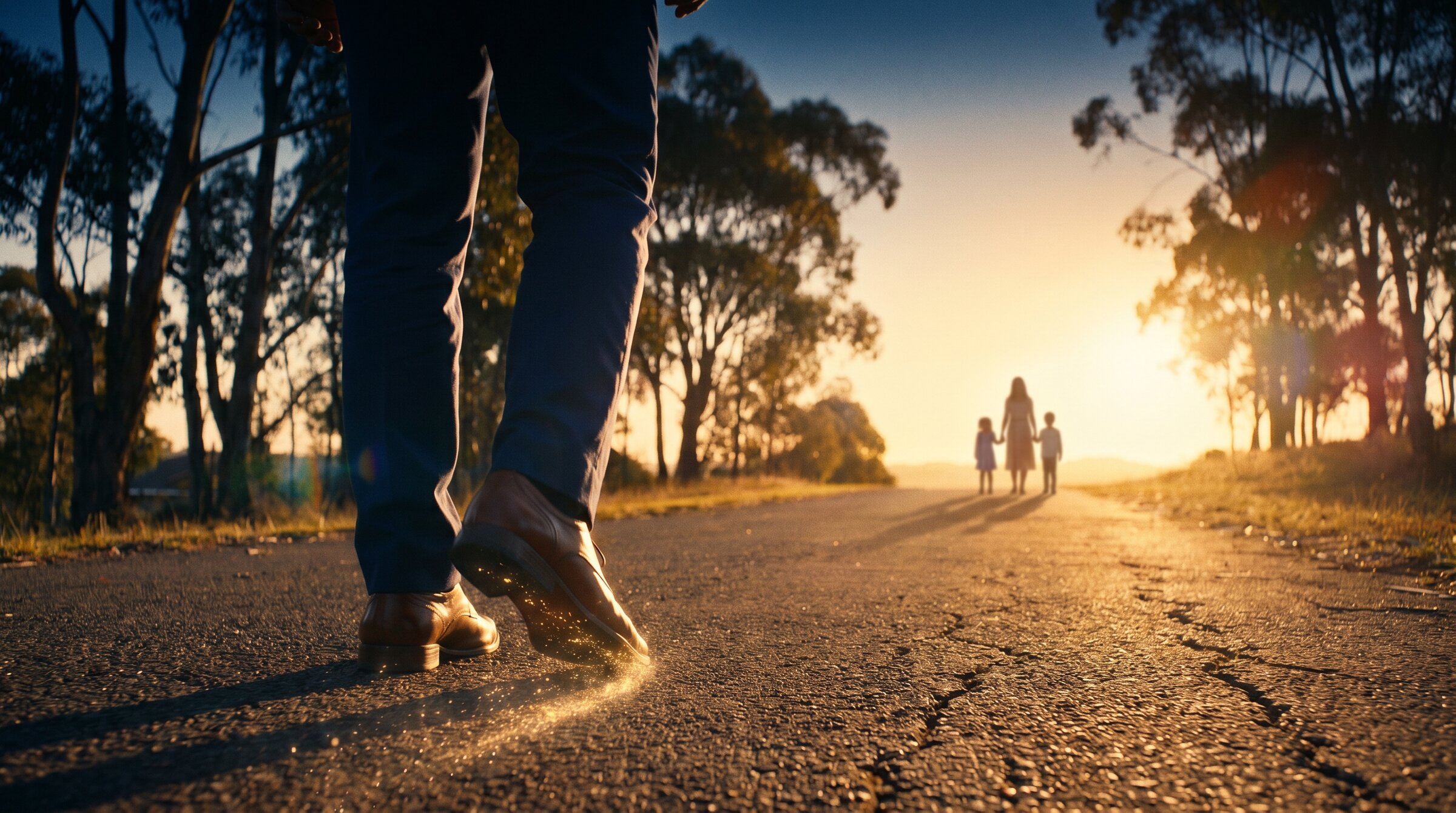 The legacy image — a man walking toward the silhouettes of his family on the golden horizon, golden trail behind his right foot